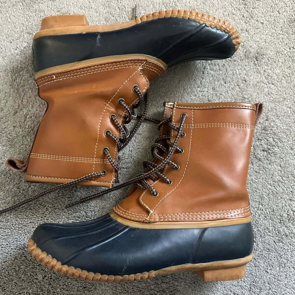 Lands End Duck Boots Size 7 Women’s Waterproof Lace-Up Tan/Blue Rain Boots